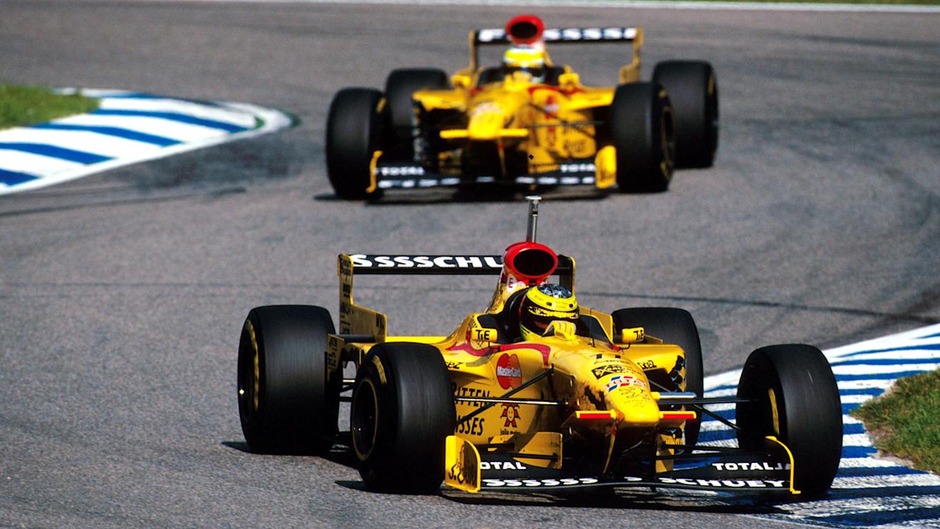 Ralf Schumacher (GER) Jordan 197, 5th place  leads his team mate Giancarlo Fisichella (ITA) Jordan, German Grand Prix, Hockenheim, Germany, 27 July 1997. © Sutton Motorsport Images