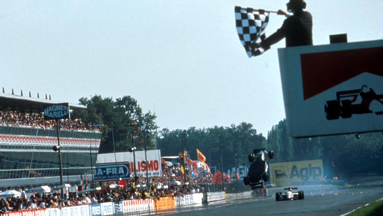 The Minardi Ford of Christian Fittipaldi (BRA) is launched  over his team mate Pierluigi Martini (ITA) at the end of the race. Fittipaldi landed right side up and crossed the finish line.
Italian Grand Prix, Monza, Italy, 12 September 1993.