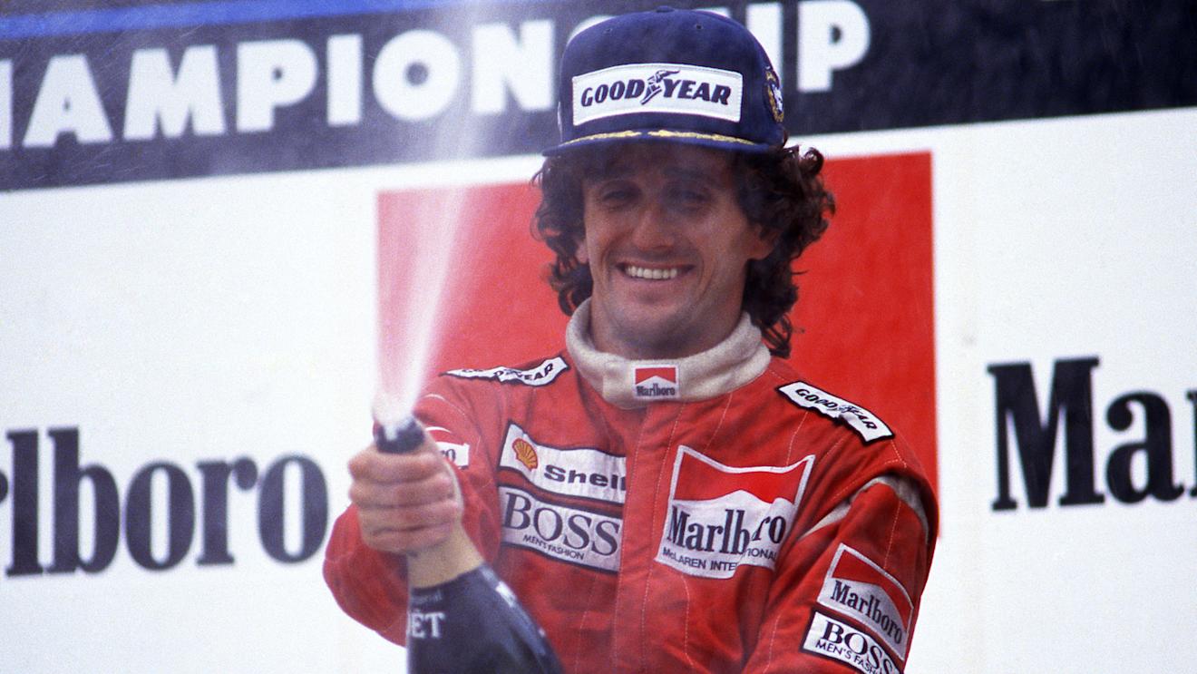 Race winner Alain Prost (FRA) Mclaren celebrates after equalling Jackie Stewart's (GBR) record number of twenty-seven wins. 
Formula One World Championship, Rd 3, Belgian Grand Prix, Spa-Francorchamps, 17 May 1987. © Sutton Motorsport Images