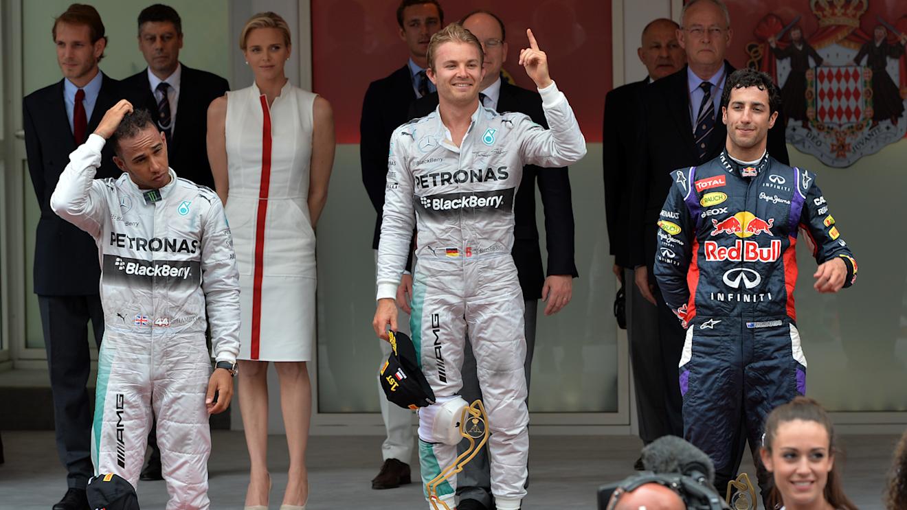 Podium and results:
1st Nico Rosberg (GER) Mercedes AMG F1, centre.
2nd Lewis Hamilton (GBR) Mercedes AMG F1, left.
3rd Daniel Ricciardo (AUS) Red Bull Racing, right.
HSH Prince Albert of Monaco (MON) and his wife SAS Princess Charlene (RSA) are in the background.
Formula One World Championship, Rd6, Monaco Grand Prix, Race, Monte-Carlo, Monaco, Sunday 25 May 2014. © Sutton Motorsport Images