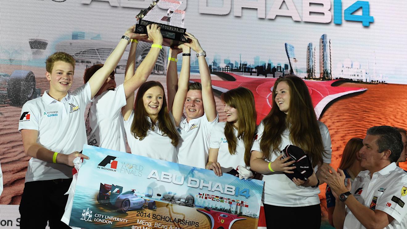 Andrew Denford (GBR) F1 in Schools with winners Colossus F1 at the F1 in Schools Finals Awards. Formula One World Championship, Rd19, Abu Dhabi Grand Prix, Preparations, Yas Marina Circuit, Abu Dhabi, UAE, Wednesday, 19 November 2014 