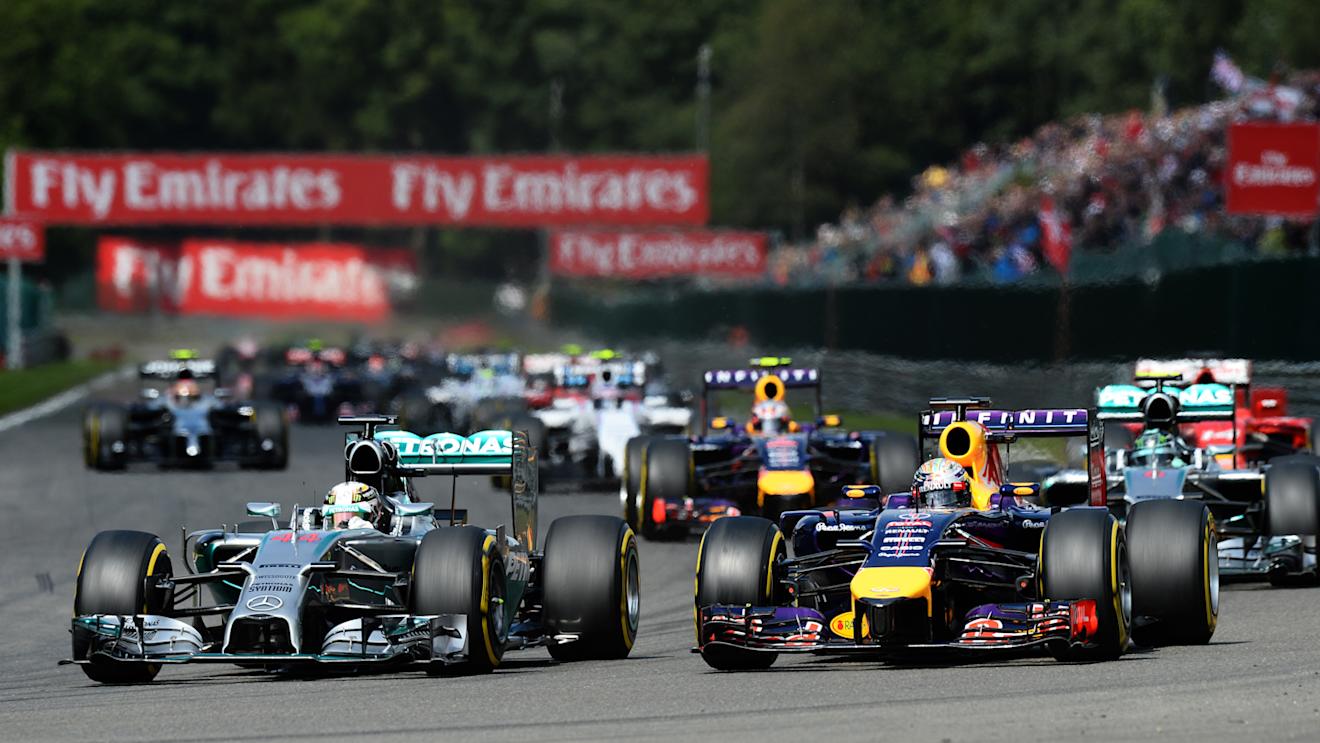 (L to R): Lewis Hamilton (GBR) Mercedes AMG F1 W05 alongside Sebastian Vettel (GER) Red Bull Racing RB10 at the start of the race.
Formula One World Championship, Rd12, Belgian Grand Prix, Race Day, Spa-Francorchamps, Belgium, Sunday 24 August 2014.