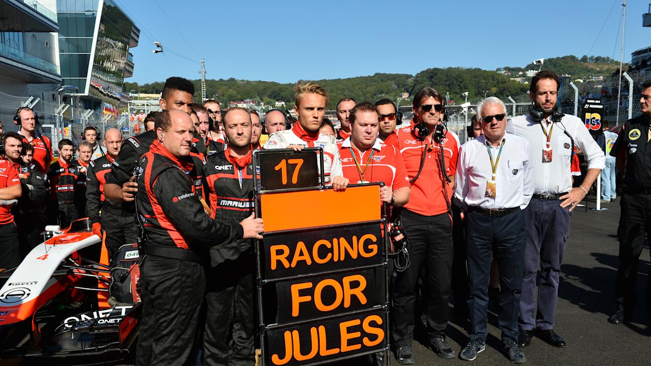 Max Chilton (GBR) Marussia F1 Team; Dave Greenwood (GBR) Marussia Chief Engineer; Graeme Lowdon (GBR) Marussia F1 President; Sporting Director and Charlie Whiting (GBR) FIA Delegate and Matteo Bonciani (ITA) FIA Media Delegate, remember the injured Jules © Sutton Images. No reproduction without permission 