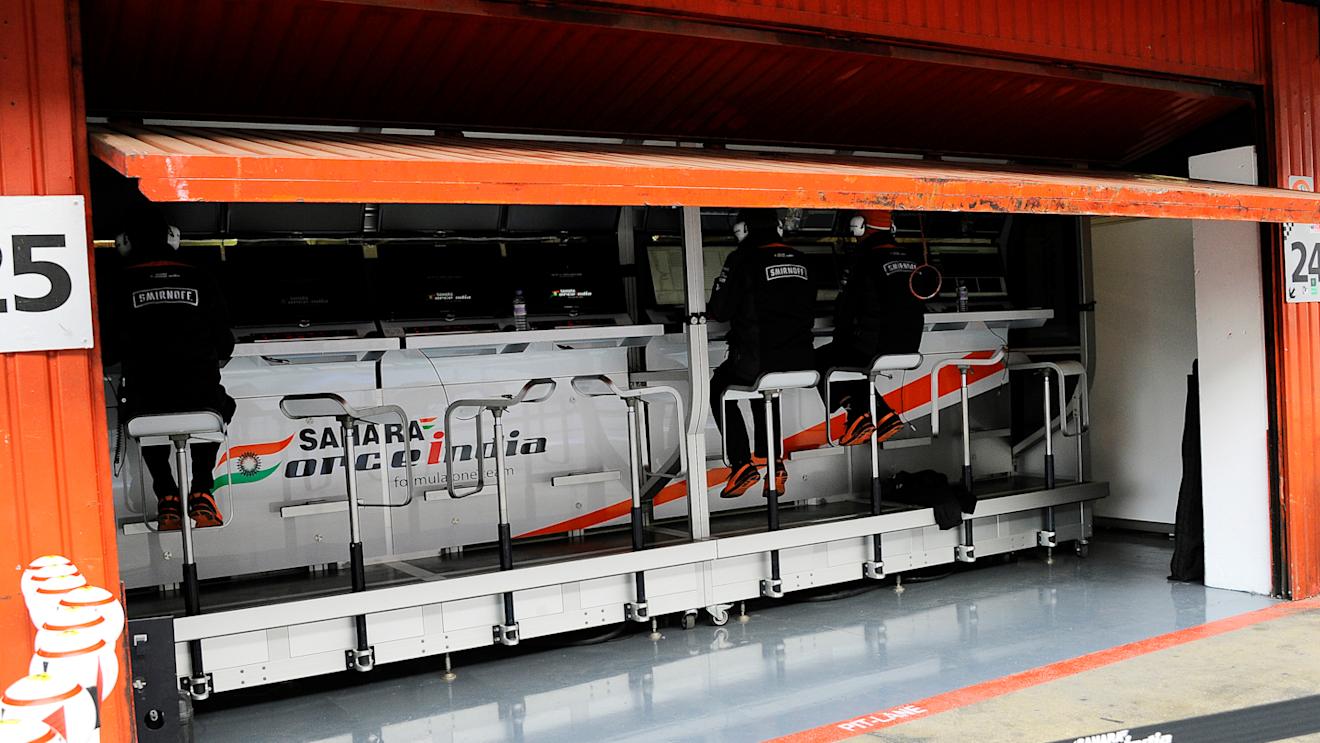 Force India pit wall gantry in the garage at Formula One Testing, Day Two, Barcelona, Spain, Tuesday 23 February 2016. © Sutton Motorsport Images
