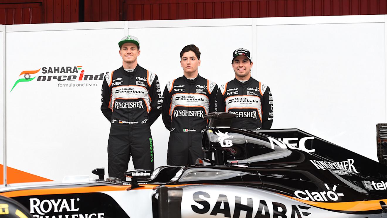 (L to R): Nico Hulkenberg (GER) Force India F1, Alfonso Celis jr (MEX) Force India Test Driver and Sergio Perez (MEX) Force India with the Force India VJM09 at Formula One Testing, Day One, Barcelona, Spain, Monday 22 February 2016. © Sutton Motorsport Images
