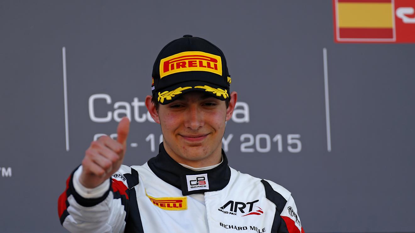 Esteban Ocon (FRA) on the podium. GP3 Series, Rd2, Barcelona, Spain, 8-10 May 2015. © Sutton Motorsport Images