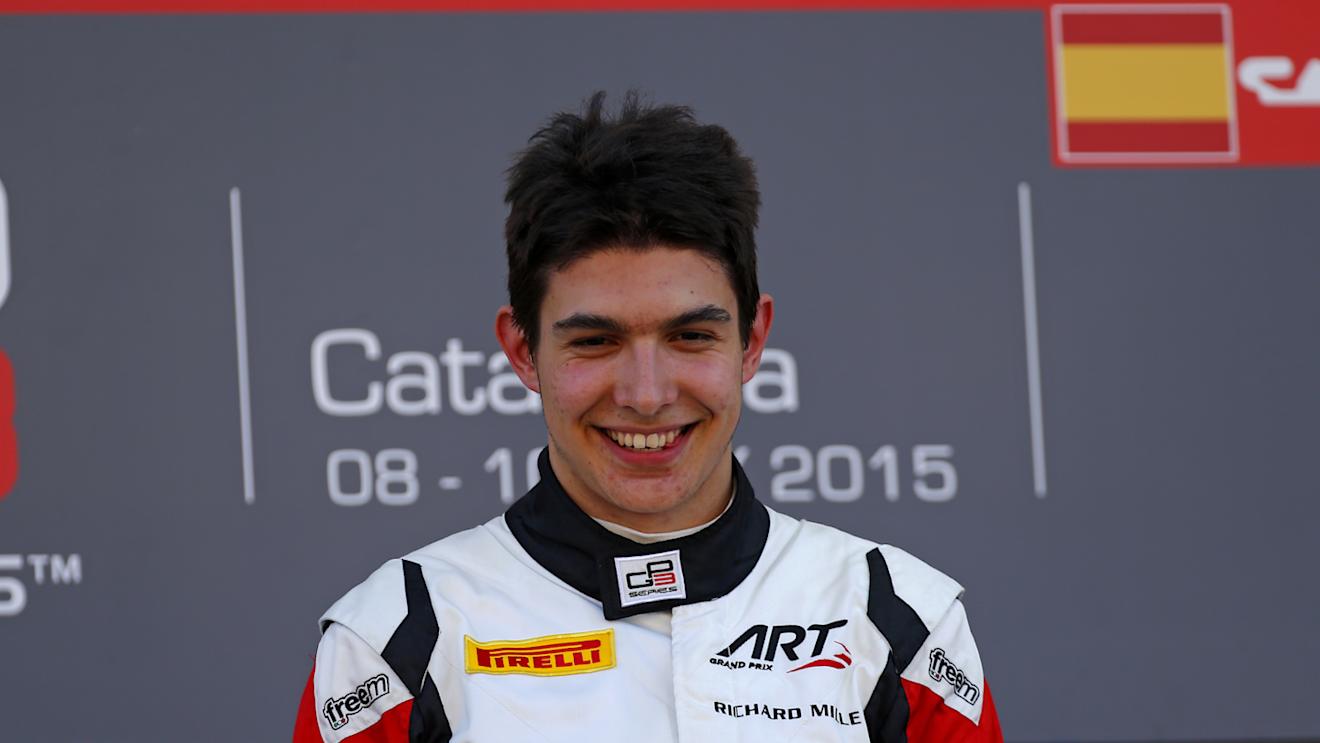 Esteban Ocon (FRA) on the podium. GP3 Series, Rd2, Barcelona, Spain, 8-10 May 2015. © Sutton Motorsport Images
