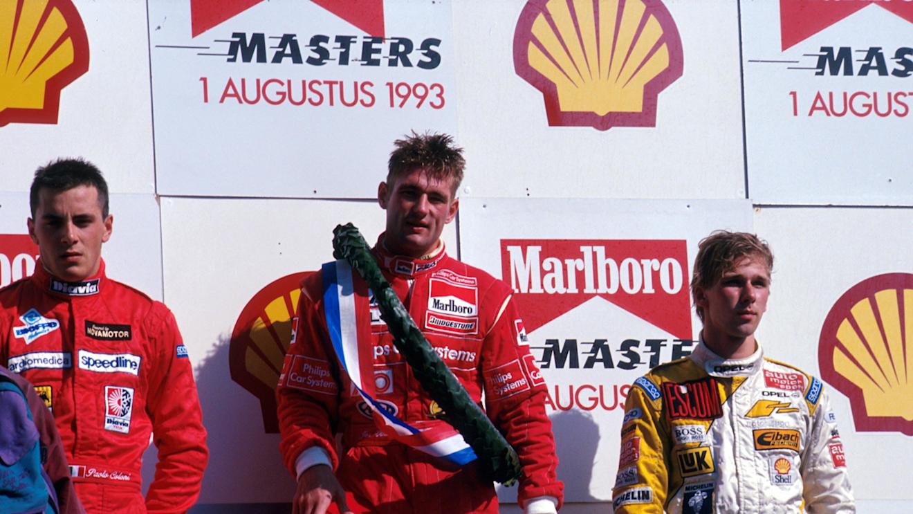 Jos Verstappen (NLD) centre on the podium at the 1993 F3 Masters at Zandvoort © ©Sutton Motorsport Images