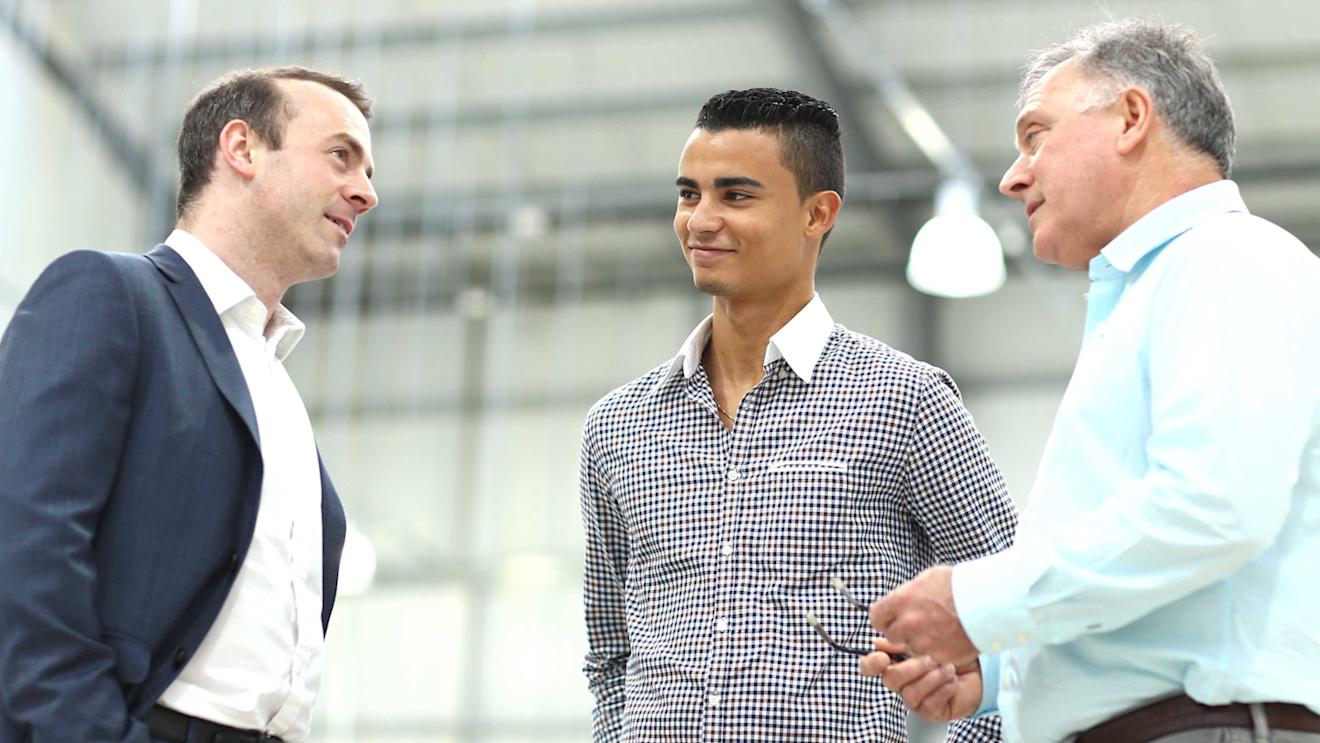 Stephen Fitzpatrick, Pascal Wehrlein and Dave Ryan at Manor Racing, 10 February 2016. © Manor Racing