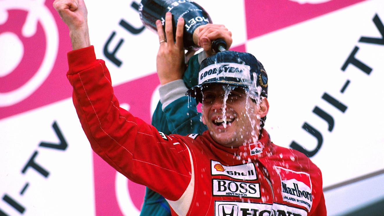 Winner Ayrton Senna (BRA) celebrates his win and world championship on the podium
Japanese GP, Suzuka, 30th October 1988. © Sutton Motorsport Images