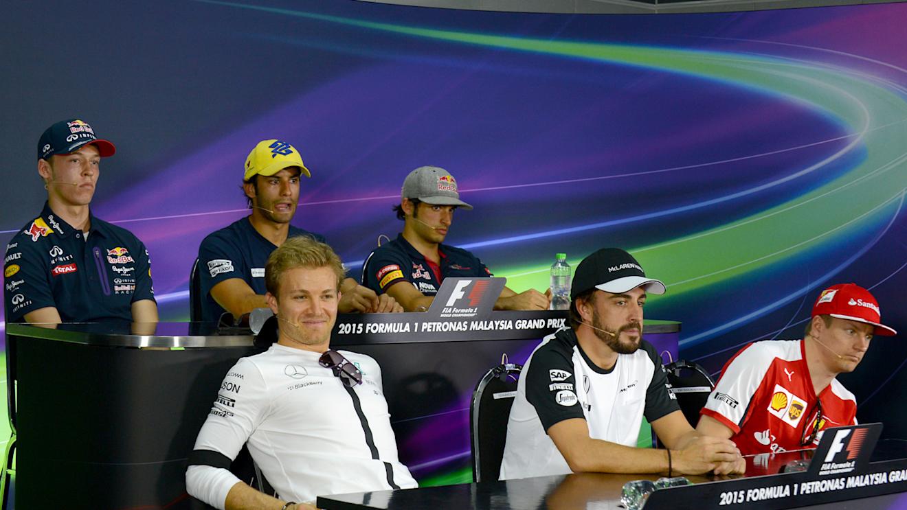 Daniil Kyvat (RUS) Red Bull Racing, Felipe Nasr (BRA) Sauber, Carlos Sainz jr (ESP) Scuderia Toro Rosso and Nico Rosberg (GER) Mercedes AMG F1, Fernando Alonso (ESP) McLaren, Kimi Raikkonen (FIN) Ferrari in the Press Conference at Formula One World Championship, Rd2, Malaysian Grand Prix, Preparations, Sepang, Malaysia, Thursday 26 March 2015. © Sutton Motorsport Images