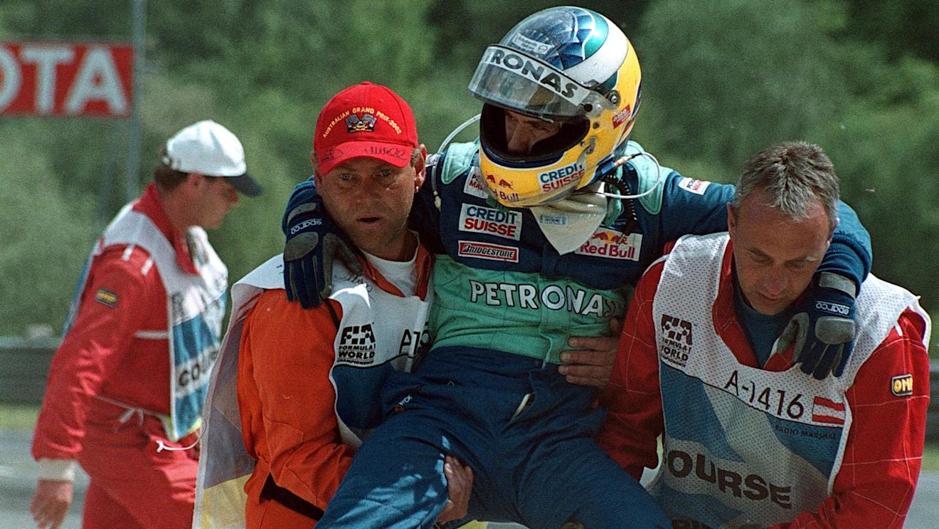 Nick Heidfeld (GER) Sauber is carried to safety after a huge accident with Takuma Sato (JPN) Jordan Honda. Formula One World Championship, Rd6, Austrian Grand Prix, A1-Ring, Austria. 12 May 2002.  ©Sutton Motorsport Images