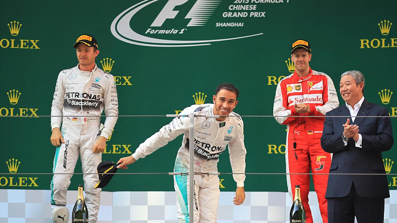 (L to R): Nico Rosberg (GER) Mercedes AMG F1, race winner Lewis Hamilton (GBR) Mercedes AMG F1 and Sebastian Vettel (GER) Ferrari celebrate on the podium at Formula One World Championship, Rd3, Chinese Grand Prix, Race, Shanghai, China, Sunday 12 April 2015. © Sutton Motorsport Images