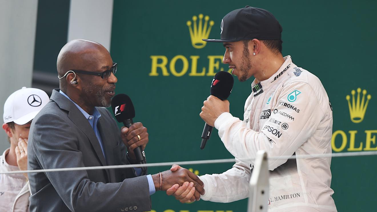 Edwin Moses (USA), legendary 400 metre hurdler, talks to Lewis Hamilton (GBR) Mercedes AMG F1 on the podium at Formula One World Championship, Rd3, Chinese Grand Prix, Race, Shanghai, China, Sunday 12 April 2015. © Sutton Motorsport Images