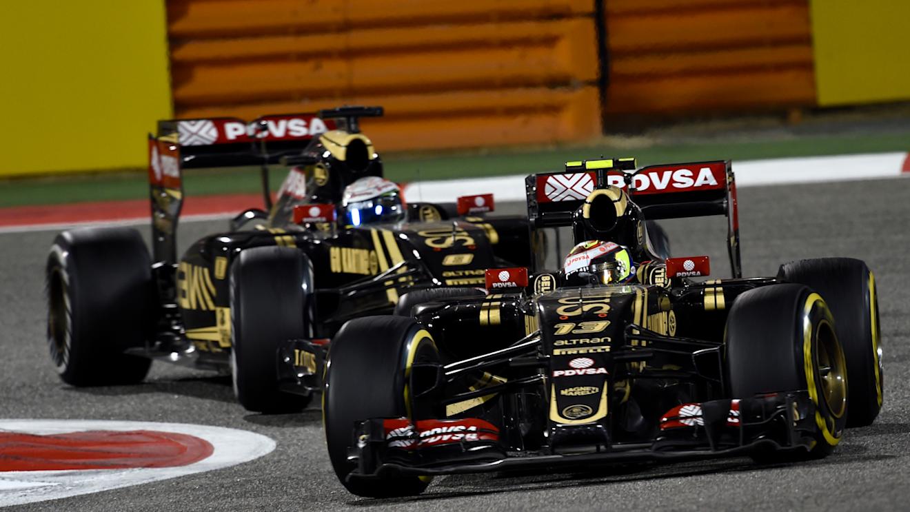 Pastor Maldonado (VEN) Lotus E23 Hybrid leads Romain Grosjean (FRA) Lotus E23 Hybrid at Formula One World Championship, Rd4, Bahrain Grand Prix Race, Bahrain International Circuit, Sakhir, Bahrain, Sunday 19  April 2015. © Sutton Motorsport Images