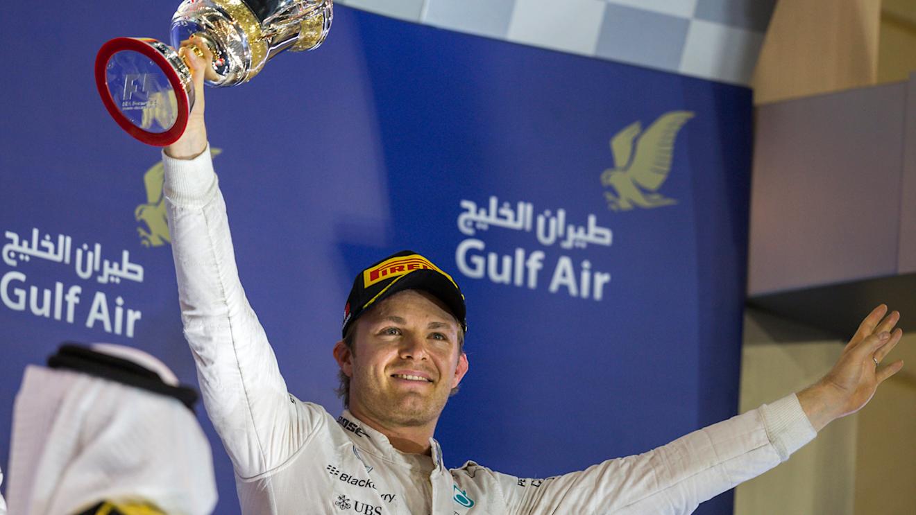 Nico Rosberg (GER) Mercedes AMG F1 with the trophy on the podium at Formula One World Championship, Rd4, Bahrain Grand Prix Race, Bahrain International Circuit, Sakhir, Bahrain, Sunday 19  April 2015. © Sutton Motorsport Images