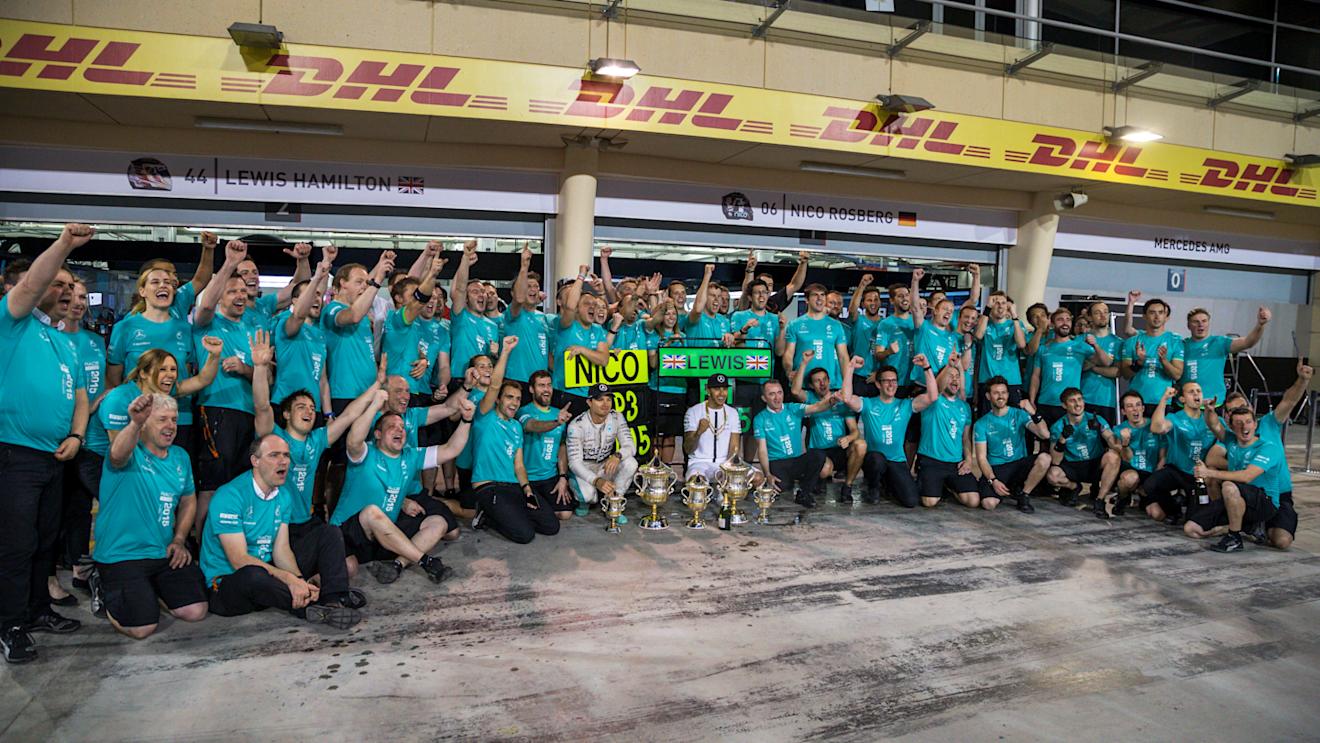 Race winner Lewis Hamilton (GBR) Mercedes AMG F1 and Nico Rosberg (GER) Mercedes AMG F1 celebrate with the team at Formula One World Championship, Rd4, Bahrain Grand Prix Race, Bahrain International Circuit, Sakhir, Bahrain, Sunday 19  April 2015. © Sutton Motorsport Images