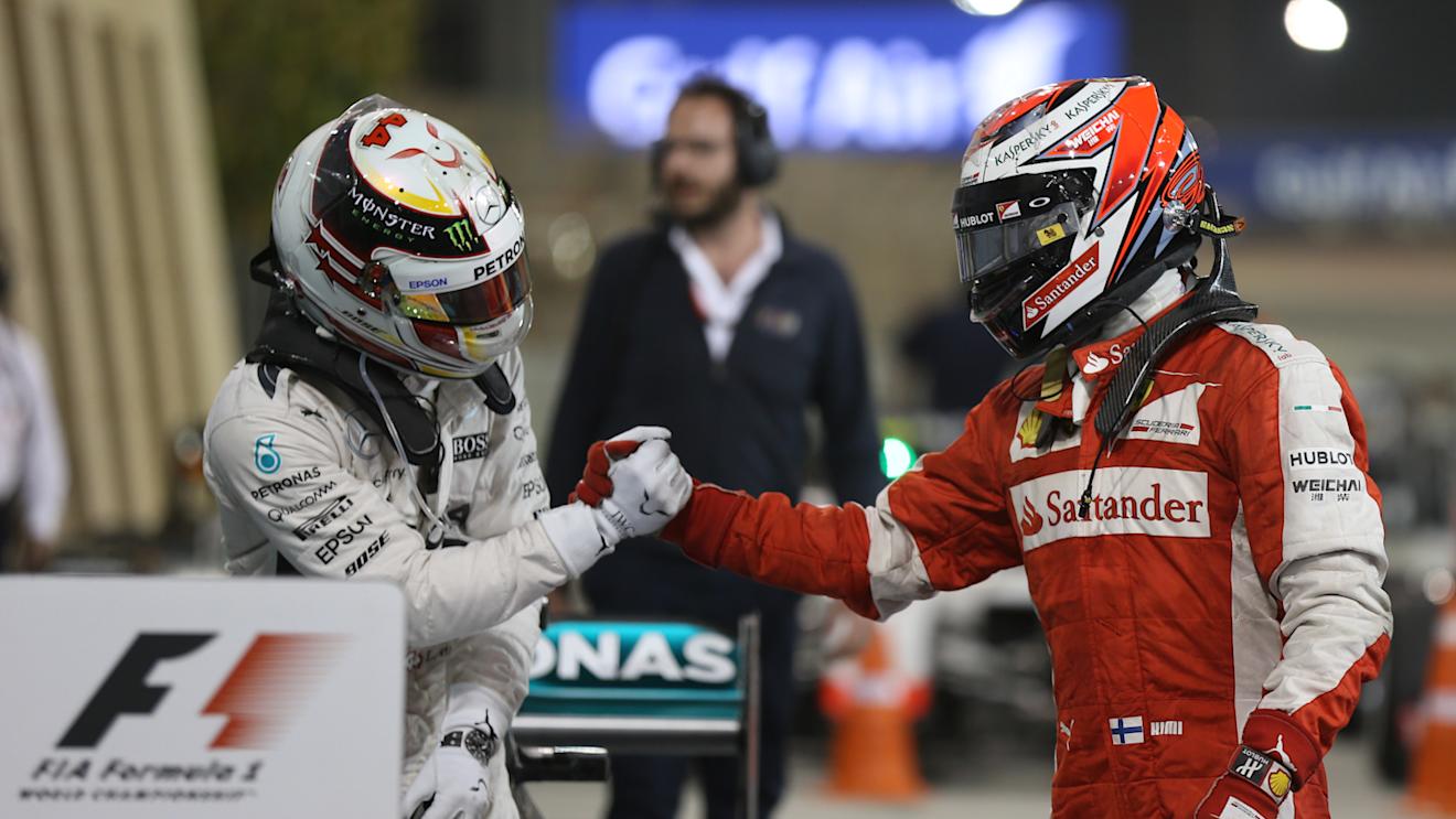 Lewis Hamilton (GBR) Mercedes AMG F1 and Kimi Raikkonen (FIN) Ferrari SF15-T celebrate in parc ferme at Formula One World Championship, Rd4, Bahrain Grand Prix Race, Bahrain International Circuit, Sakhir, Bahrain, Sunday 19  April 2015. © Sutton Motorsport Images