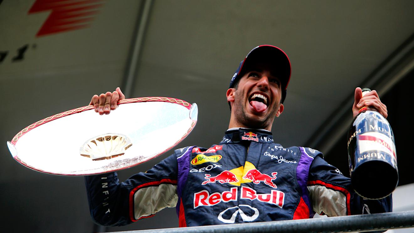 Racewinner Daniel Ricciardo atop the podium at Spa-Francorchamps © Sutton Motorsport Images
