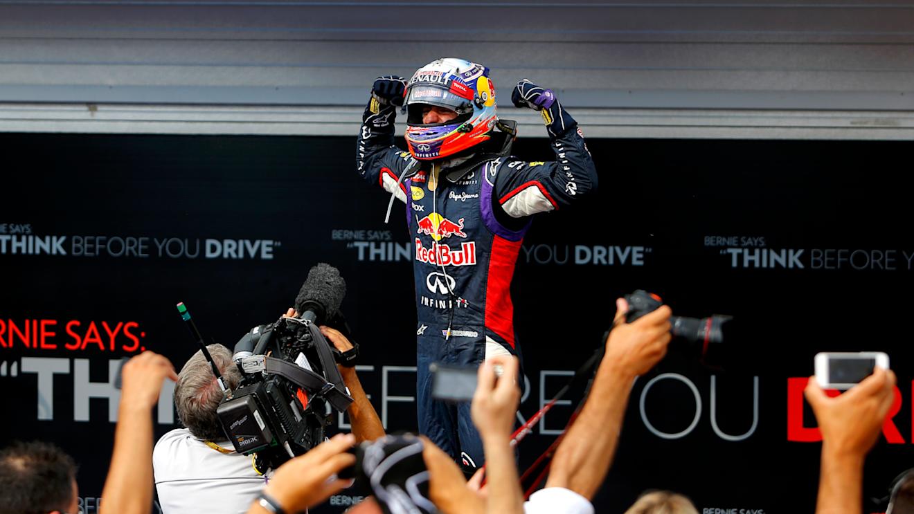 An elated Daniel Ricciardo takes the plaudits in the Hungarian parc ferme © Sutton Motorsport Images