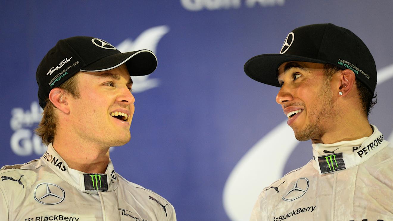 Nico Rosberg (GER) Mercedes AMG F1 and Lewis Hamilton (GBR) Mercedes AMG F1 on the podium.
Formula One World Championship, Rd3, Bahrain Grand Prix, Race, Bahrain International Circuit, Sakhir, Bahrain, Sunday 6 April 2014. © Sutton Motorsport Images