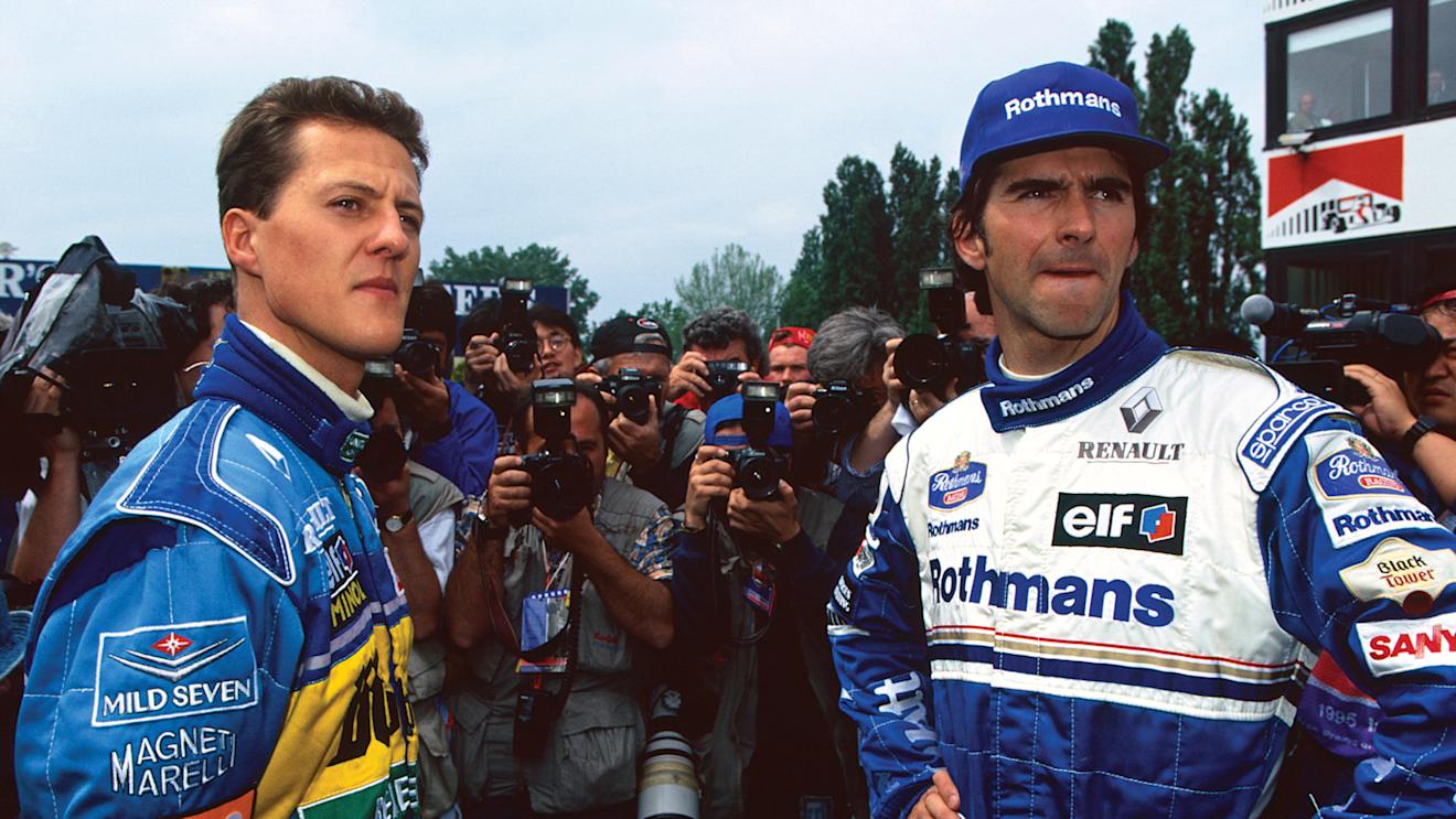 Michael Schumacher (left) and Damon Hill would clash again in Italy four races later. World Copyright: LAT Photographic.
