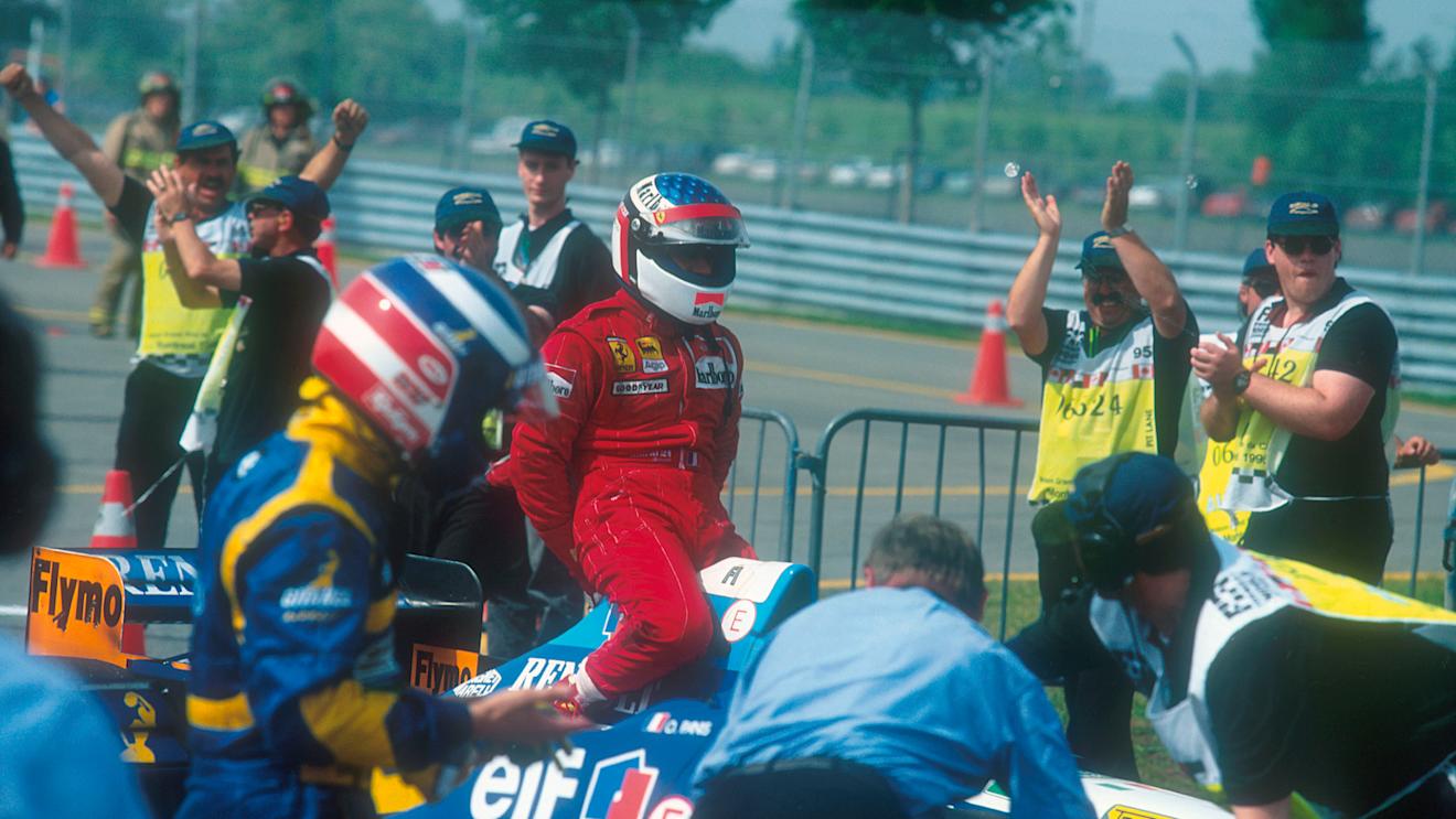 Even the marshals were cheering when Jean Alesi (Ferrari) arrived back in parc ferme aboard Michael Schumacher's car. 1995 Canadian Grand Prix.
Montreal, Quebec, Canada. 9-11 June 1995. © LAT Photographic