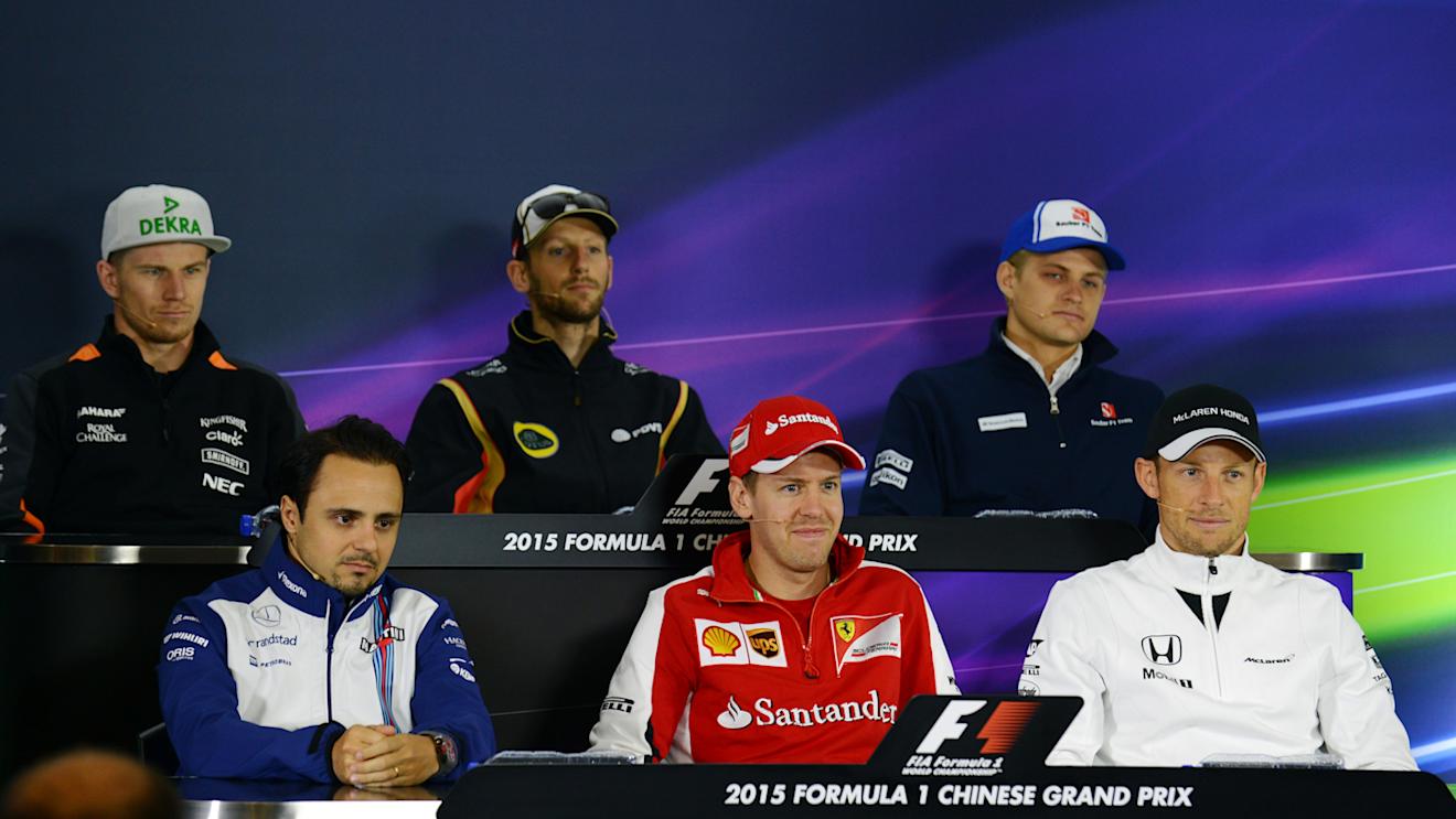 Nico Hulkenberg (GER) Force India F1, Romain Grosjean (FRA) Lotus F1, Marcus Ericsson (SWE) Sauber, Felipe Massa (BRA) Williams, Sebastian Vettel (GER) Ferrari and Jenson Button (GBR) McLaren in the Press Conference at Formula One World Championship, Rd3, Chinese Grand Prix, Preparations, Shanghai, China, Thursday 9 April 2015. © Sutton Motorsport Images
