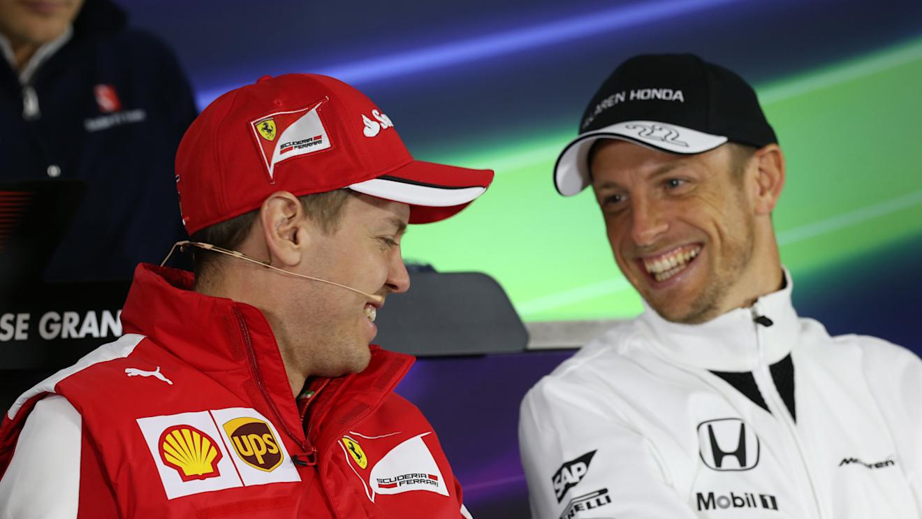 Sebastian Vettel (GER) Ferrari and Jenson Button (GBR) McLaren in the Press Conference at Formula One World Championship, Rd3, Chinese Grand Prix, Preparations, Shanghai, China, Thursday 9 April 2015. © Sutton Motorsport Images