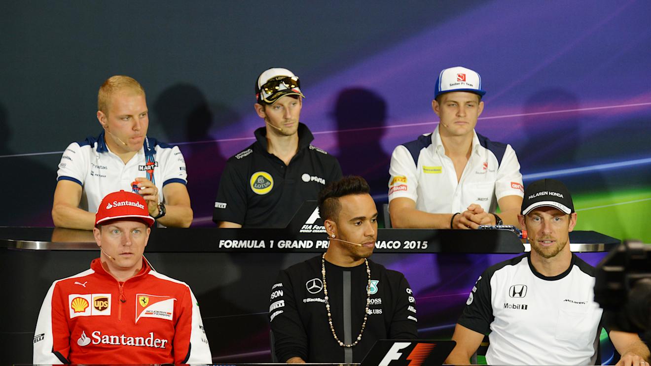 Valtteri Bottas (FIN) Williams, Romain Grosjean (FRA) Lotus F1, Marcus Ericsson (SWE) Sauber, Kimi Raikkonen (FIN) Ferrari, Lewis Hamilton (GBR) Mercedes AMG F1 and Jenson Button (GBR) McLaren at the Press Conference at Formula One World Championship, Rd6, Monaco Grand Prix Preparations, Monte-Carlo, Monaco, Wednesday 20 May 2015. © Sutton Motorsport Images