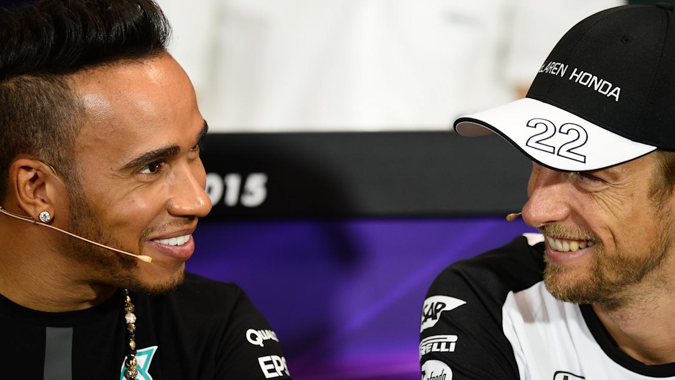 Lewis Hamilton (GBR) Mercedes AMG F1 and Jenson Button (GBR) McLaren at the Press Conference at Formula One World Championship, Rd6, Monaco Grand Prix Preparations, Monte-Carlo, Monaco, Wednesday 20 May 2015. © Sutton Motorsport Images