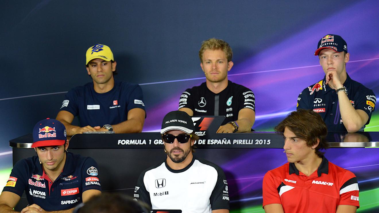 Felipe Nasr (BRA) Sauber, Nico Rosberg (GER) Mercedes AMG F1, Daniil Kyvat (RUS) Red Bull Racing, Carlos Sainz jr (ESP) Scuderia Toro Rosso, Fernando Alonso (ESP) McLaren and Roberto Merhi (SPA) Marussia in the press conference at Formula One World Championship, Rd5, Spanish Grand Prix Preparations, Barcelona, Spain, Thursday 7 May 2015. © Sutton Motorsport Images