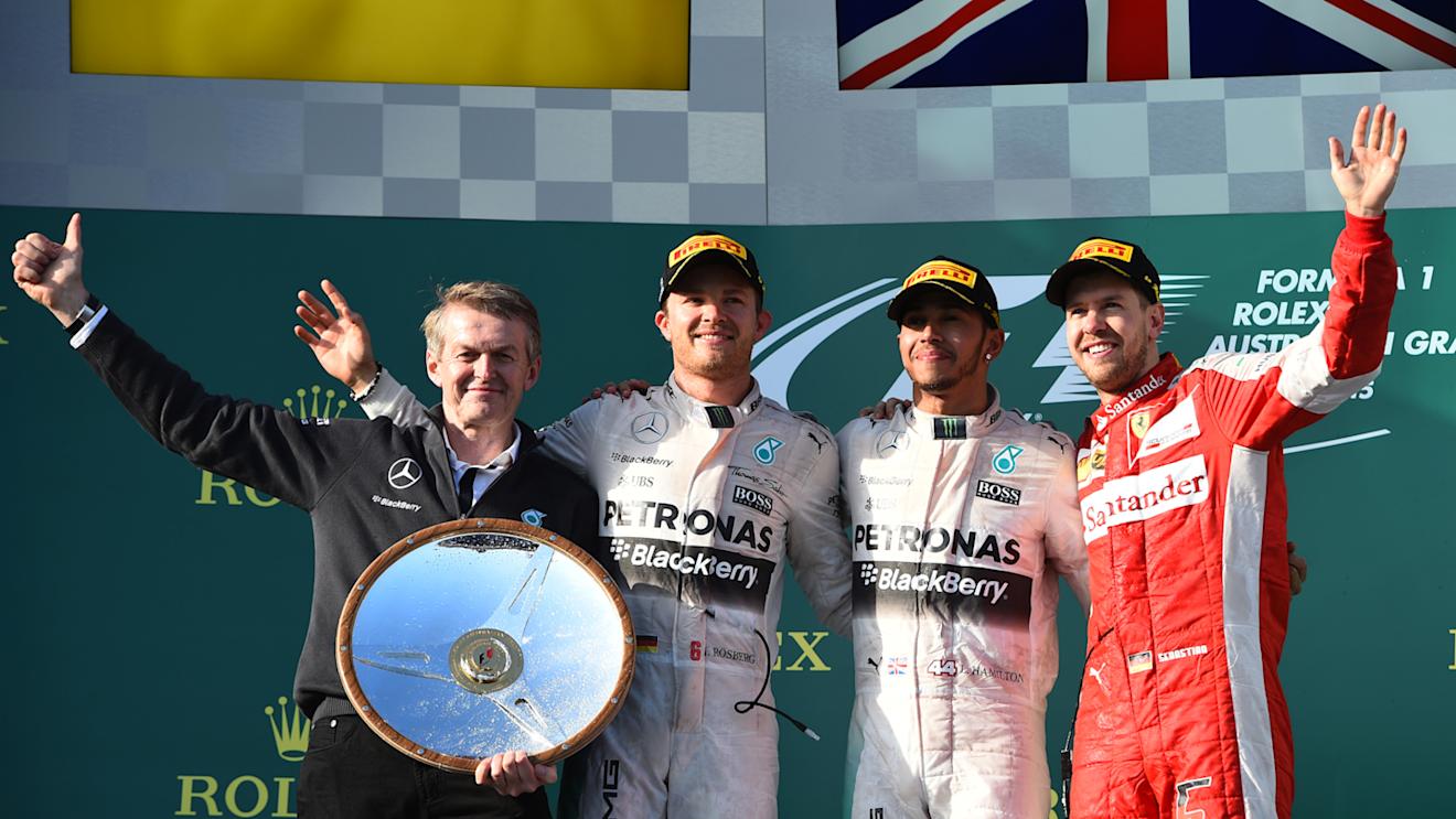 Podium (L to R): Dr. Thomas Weber (GER) Daimler AG, second placed Nico Rosberg (GER) Mercedes AMG F1, race winner Lewis Hamilton (GBR) Mercedes AMG F1 and third place Sebastian Vettel (GER) Ferrari celebrate on the podium © Sutton Motorsport Images