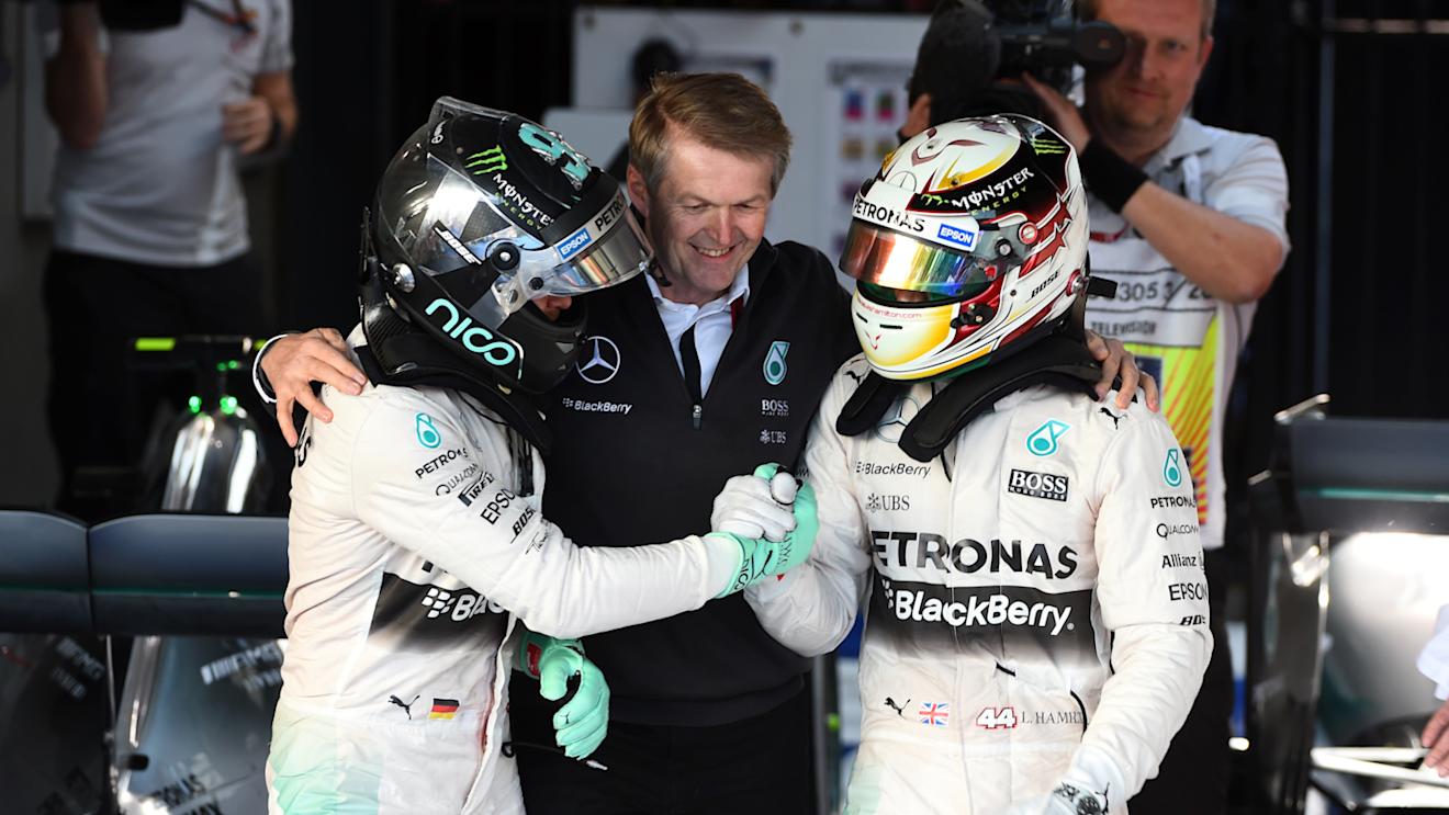 race winner Lewis Hamilton (GBR) Mercedes AMG F1 and Nico Rosberg (GER) Mercedes AMG F1 celebrate in parc ferme with Dr. Thomas Weber (GER) Daimler AG at Formula One World Championship, Rd1, Australian Grand Prix, Race, Albert Park, Melbourne, Australia, Sunday 15 March 2015. © Sutton Motorsport Images
