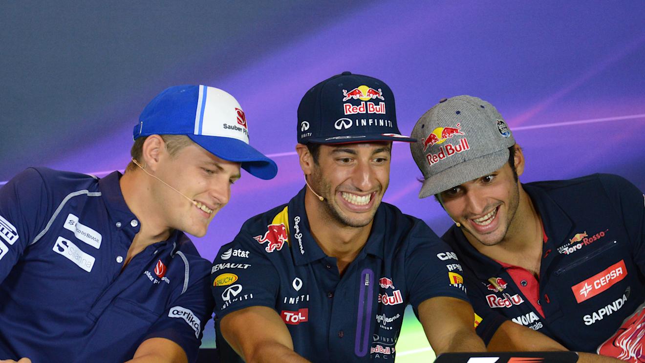 Marcus Ericsson (SWE) Sauber, Daniel Ricciardo (AUS) Red Bull Racing and Carlos Sainz jr (ESP) Scuderia Toro Rosso take a selfie in the Press Conference at Formula One World Championship, Rd12, Italian Grand Prix, Preparations, Monza, Italy, Thursday 3 September 2015. © Sutton Motorsport Images