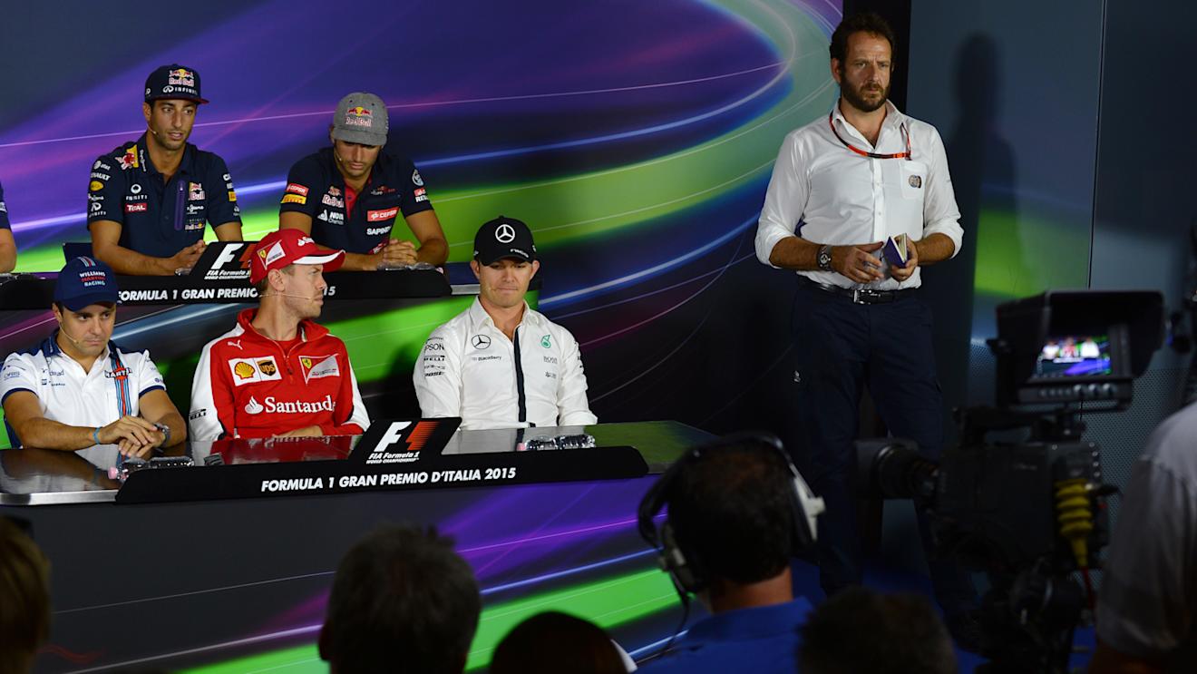Daniel Ricciardo (AUS) Red Bull Racing, Carlos Sainz jr (ESP) Scuderia Toro Rosso, Felipe Massa (BRA) Williams, Sebastian Vettel (GER) Ferrari and Nico Rosberg (GER) Mercedes AMG F1 in the Press Conference at Formula One World Championship, Rd12, Italian Grand Prix, Preparations, Monza, Italy, Thursday 3 September 2015. © Sutton Motorsport Images