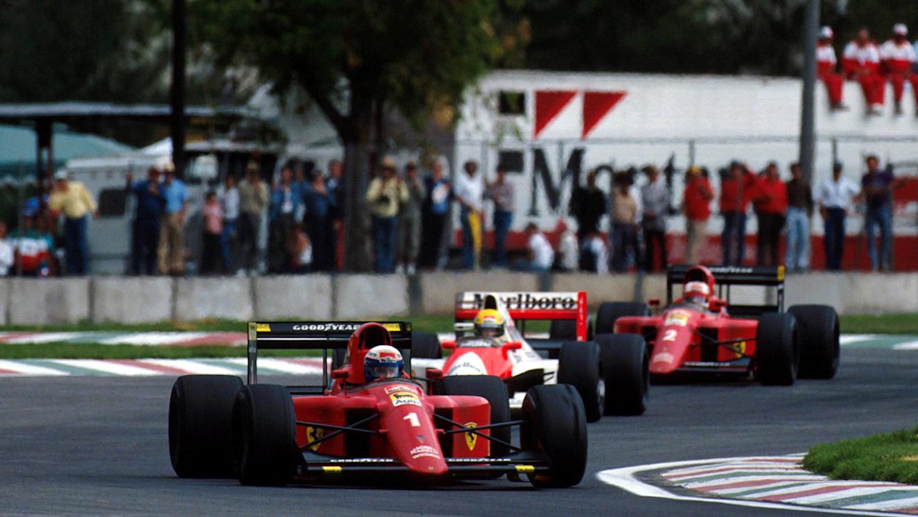 Winner Alain Prost (FRA) Ferrari 641 leads Ayrton Senna and Nigel Mansell
Mexican GP, Mexico City, 24 June 1990 © Sutton Motorsport Images
