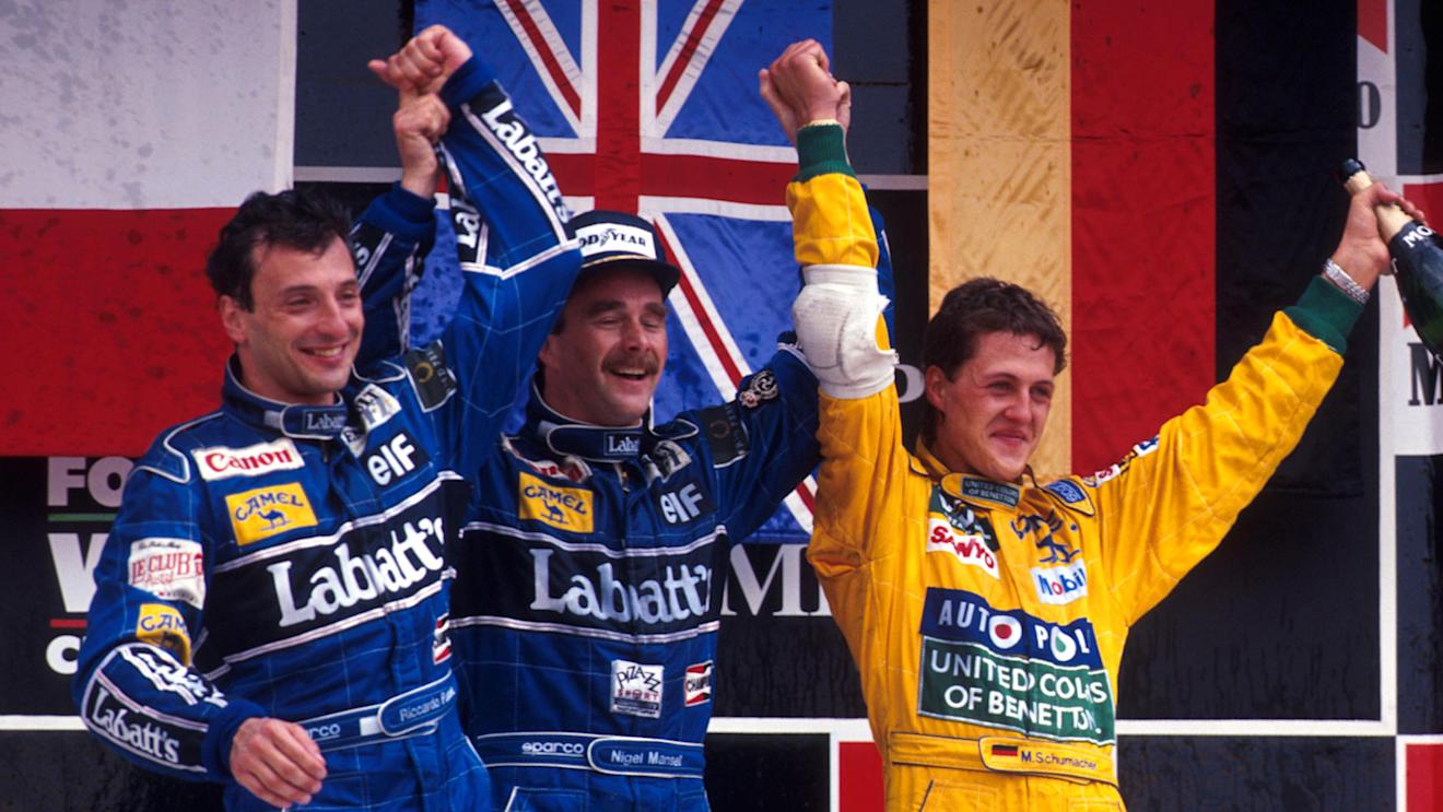 The podium in Mexico in 1992 (l to r): Riccardo Patrese (Williams, second); Nigel Mansell (Williams, winner); Michael Schumacher (Benetton, third). © Sutton Motorsport Images