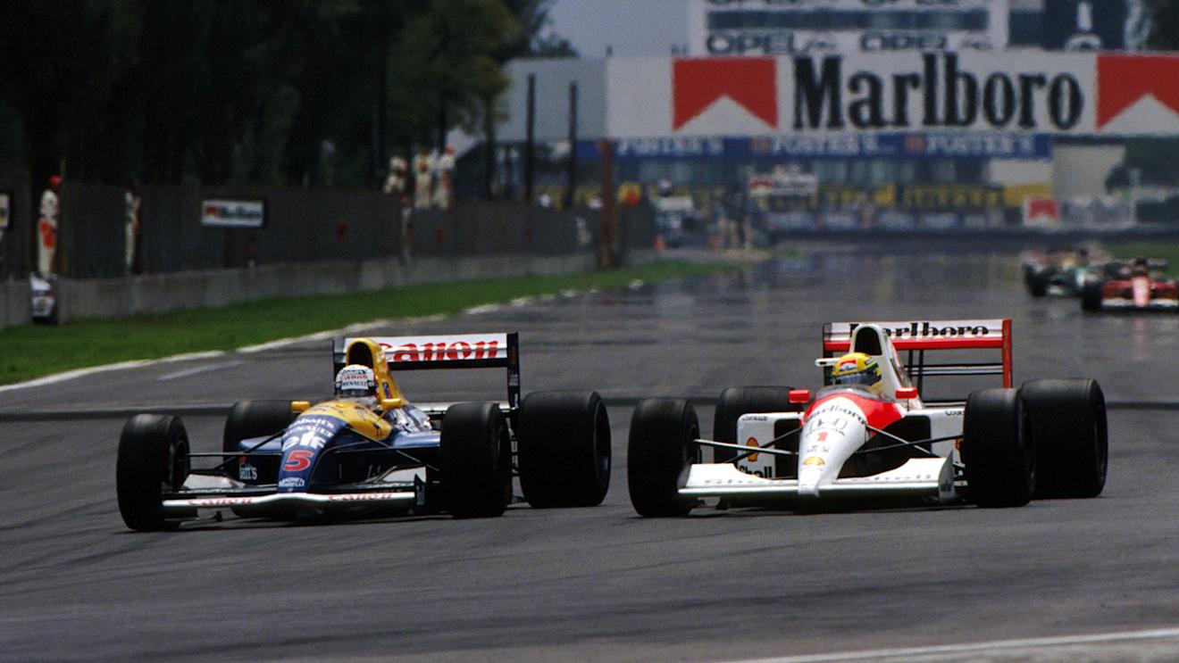 Second place finisher Nigel Mansell (GBR) Williams FW14 (left) and third place finisher Ayrton Senna (BRA) McLaren MP4/6 battle for position.
Mexican Grand Prix, Mexico City, 16 June 1991.
 © Sutton Motorsport Images