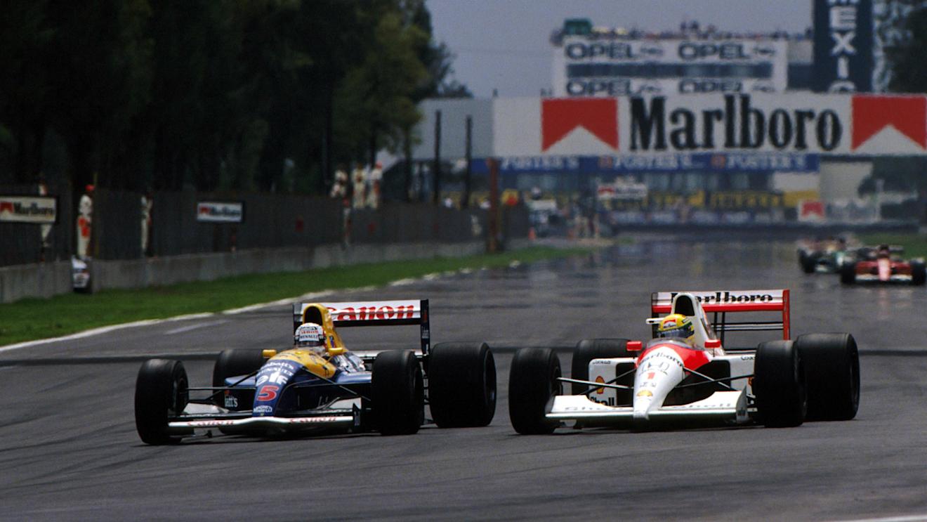 Nigel Mansell (GBR) Williams FW14 (left) and Ayrton Senna (BRA) McLaren MP4/6 battle for position. Mexican Grand Prix, Mexico City, 16 June 1991 © Sutton Motorsport Images