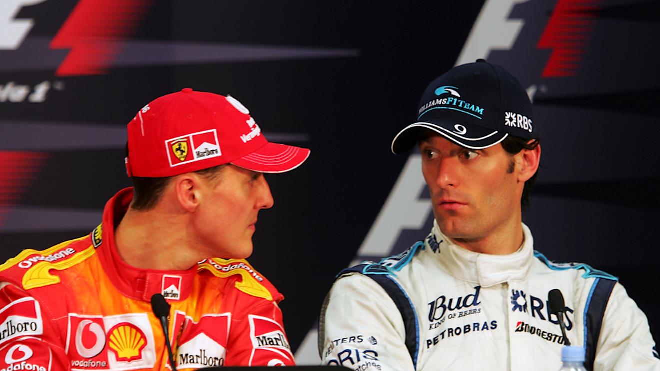(L to R): Pole sitter Michael Schumacher (GER) Ferrari talks with Mark Webber (AUS) Williams in the FIA Press Conference.
Formula One World Championship, Rd 7, Monaco Grand Prix, Qualifying Day, Monte-Carlo, Monaco, 27 May 2006. ©  Sutton Motorsport Images