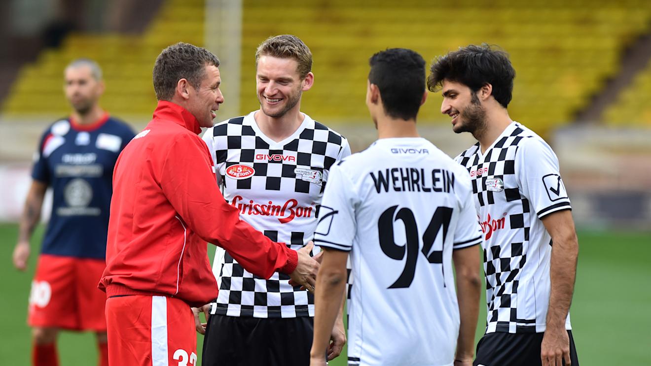 Tom Kristensen (DEN), Pascal Wehrlein (GER) Mercedes Test and Reserve Driver and Carlos Sainz jr (ESP) Scuderia Toro Rosso at World Stars Football Match, Stade Luis II, Monaco, Tuesday 19 May 2015 © Sutton Motorsport Images