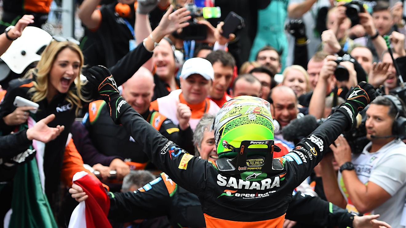 Sergio Perez (MEX) Force India celebrates in parc ferme at Formula One World Championship, Rd15, Russian Grand Prix, Race, Sochi Autodrom, Sochi, Krasnodar Krai, Russia, Sunday 11 October 2015. © Sutton Motorsport Images