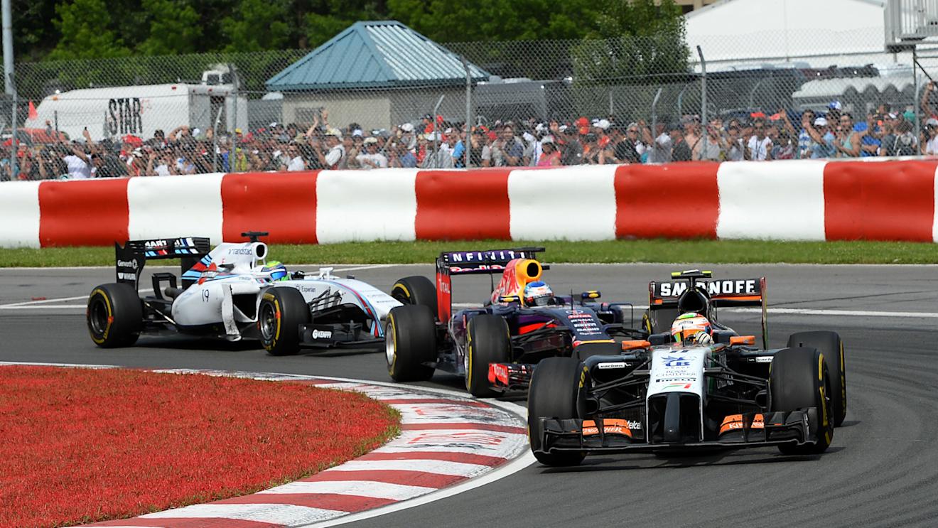 Sergio Perez (MEX) Force India VJM07 leads Sebastian Vettel (GER) Red Bull Racing RB10 and Felipe Massa (BRA) Williams FW36.
Formula One World Championship, Rd7, Canadian Grand Prix, Race Day, Montreal, Canada, Sunday 8 June 2014.