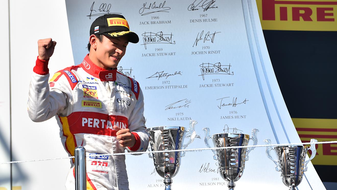 Second placed Rio Haryanto (INA) Campos Racing celebrates on the podium at GP2 Series, Rd9, Sochi Autodrom, Russia, 9-11 October 2015. © Sutton Motorsport Images