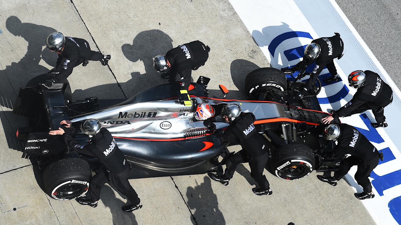Jenson Button (GBR) McLaren retires from the race in the pits at Formula One World Championship, Rd2, Malaysian Grand Prix, Race, Sepang, Malaysia, Sunday 29 March 2015. © Sutton Motorsport Images