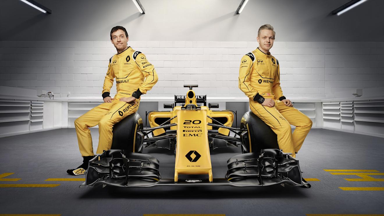 Renault R.S.16 with drivers Jolyon Palmer (L) and Kevin Magnussen (R). &copy Renault Sport F1