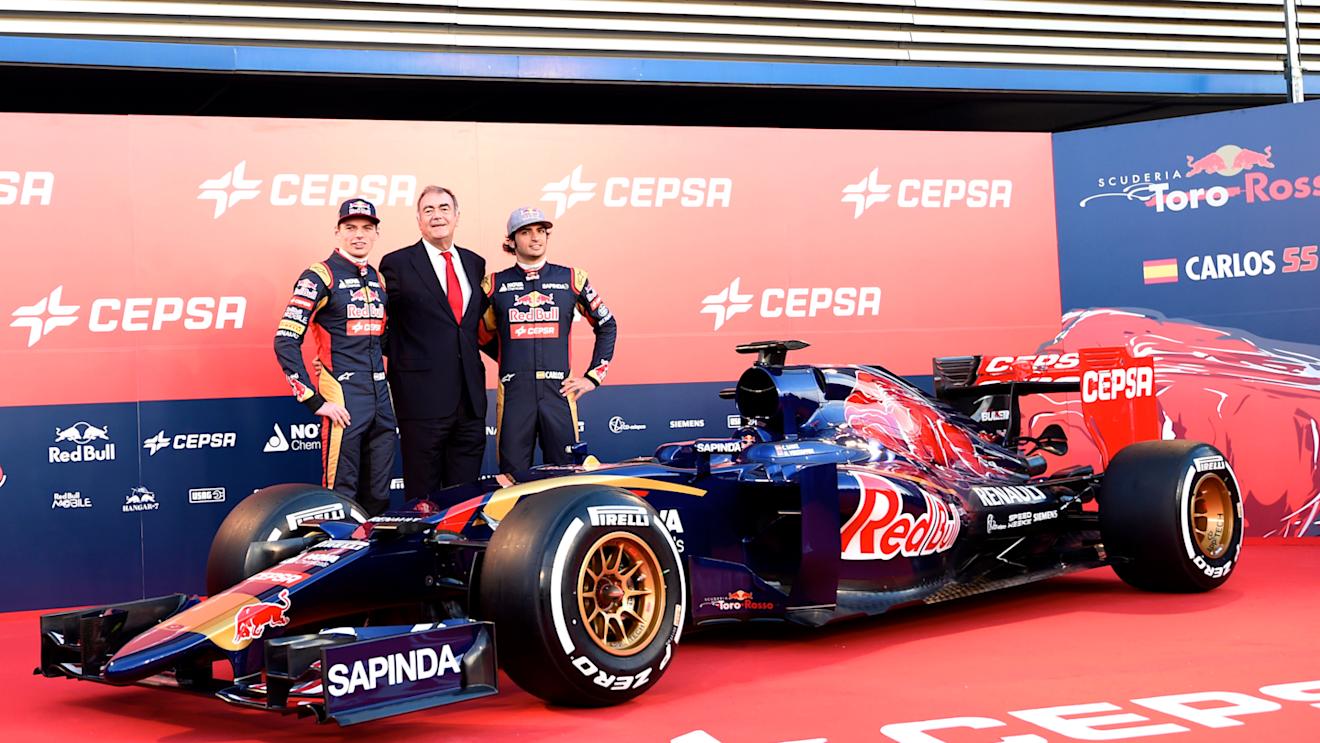 Carlos Sainz jr (ESP) Scuderia Toro Rosso and Max Verstappen (NDL) Scuderia Toro Rosso with the new Scuderia Toro Rosso STR10 at Scuderia Toro Rosso STR10 Launch, Jerez, Spain, 31 January 2015.