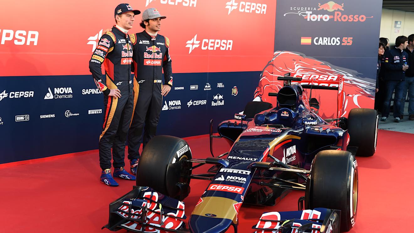 Carlos Sainz jr (ESP) Scuderia Toro Rosso and Max Verstappen (NDL) Scuderia Toro Rosso with the new Scuderia Toro Rosso STR10 at Scuderia Toro Rosso STR10 Launch, Jerez, Spain, 31 January 2015.