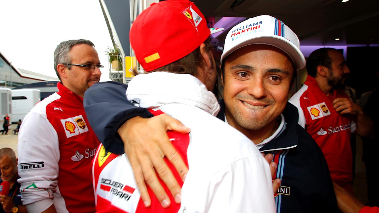 Felipe Massa (BRA) Williams celebrates 200 GP starts with Fernando Alonso (ESP) Ferrari. Formula One World Championship, Rd9, British Grand Prix, Qualifying, Silverstone, England, Saturday, 5 July 2014